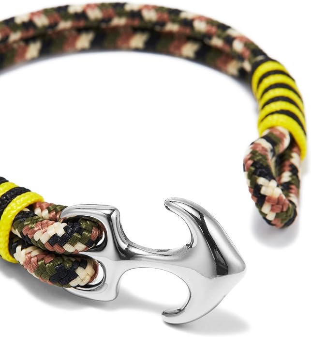 Men's Nautical Anchor Cuff Bracelet, Handmade Black & Blue Stainless Steel Rope Wristband with Lobster Claw Clasp