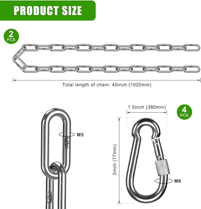 2Pcs 40" (3.3 ft) 304 Stainless Steel Hanging Chains with 4 Carabiners 1000 LB Capacity Swing Chain Extension Hammock Chains with Hooks Hardware Chain for Hanging Chair, Porch Swing, Egg Chair
