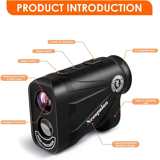 Golf Rangefinder with Slope, 2000 Yards Laser Range Finder with Pin Lock Vibration, 6X Magnification, Magnetic Mount, Rechargeable, Tournament Legal - Golf Gift for Men