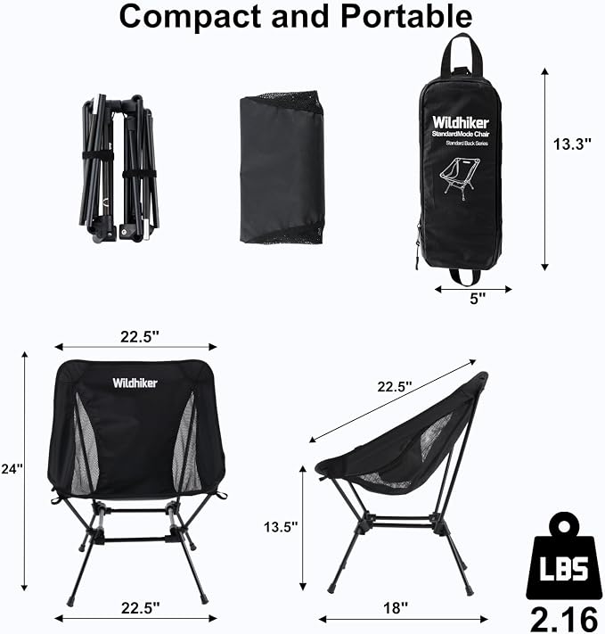 Wildhiker Lightweight Camping Chair – Folding Portable Chair for Adults, 2.16 lbs with Square Base and Carry Bag for Travel, Fishing, Motorcycle, Festival–Black2pcs