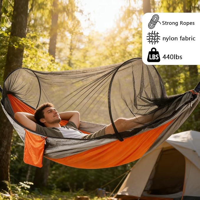 Camping Hammock with Mosquito Net - Double & Single Portable Hammocks with 2 Tree Straps, Lightweight Hammock Tent for Outdoor Camping, Hiking, Backpacking, Beach & Backyard (Orange)
