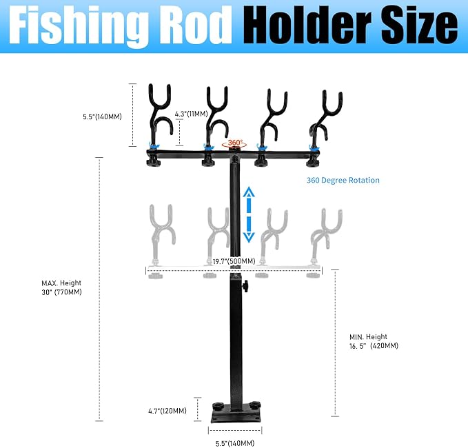 Fishing Rod Holder for Boat,Marine Fishing Pole Rack with The Function of Holding Four Fishing rods and 360 Degree Rotation & Adjustable Height,Includes mounting Plate.