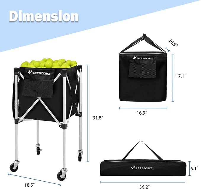 Sturdy Pickleball Tennis Ball Hopper - Foldable Lightweight Tennis Cart Holds 240 Tennis/180 Pickleballs with Removable Bag, Wheels, Side Pocket for Training/Teaching