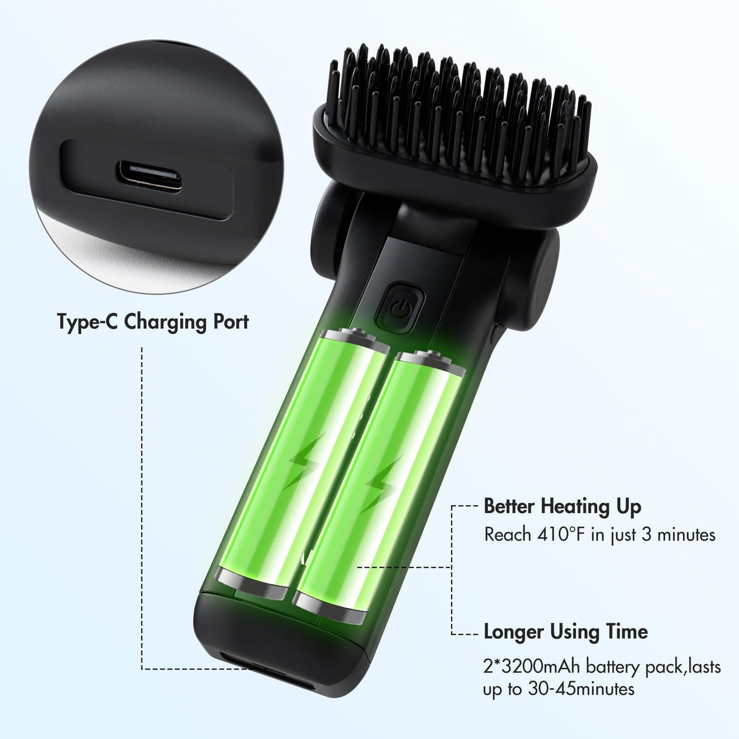 Portable Beard Straightener Brush Men Use,USB Rechargeable,6400mAh Battery,360° Anti-Scald Heated Comb,Fast Heating,Beard Straightener Brush for Short &amp; Long Beards,Ideal for Home &amp; Travel