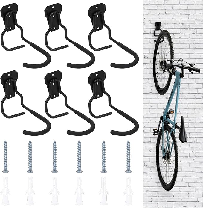 6Pcs Slatwall Bike Hooks Heavy Duty Iron Bicycle Hanger with 6Pcs Screws Black Wall Mount Vertical Bicycle Storage Bike Wall Mount Bikes Hook Slatwall Accessories for Garage Display