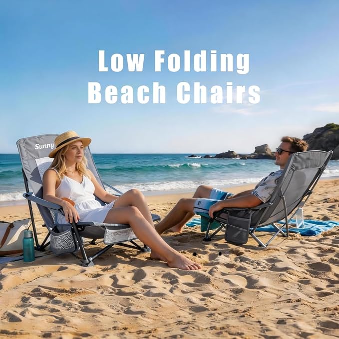 SUNNYFEEL Low Folding Beach Chair for Adults, Portable Lightweight Sling Beach Camping Chairs with Cup Holder, Armrest,Foldable Camp Lawn Chair for Outdoor Sand Concert Travel Sport Events,300LBS