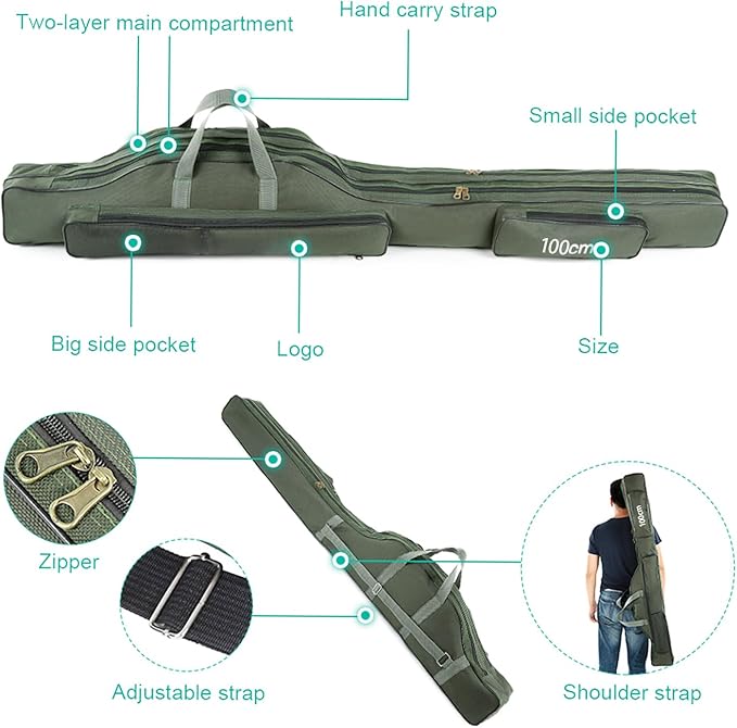 Fishing Rod Case with Fishing Tackle Box Portable Folding Rod Case Pole Reel Storage Bag Gears Organizer (100CM)