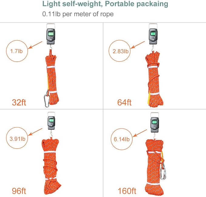 X XBEN Outdoor Climbing Rope 10M(32ft) 20M(64ft) 30M(96ft) 50M(160ft) 70M(230ft) 152M(500FT) 352M(1000FT) Static Rock Climbing Rope for Escape Rope Ice Climbing Equipment Fire Rescue Parachute