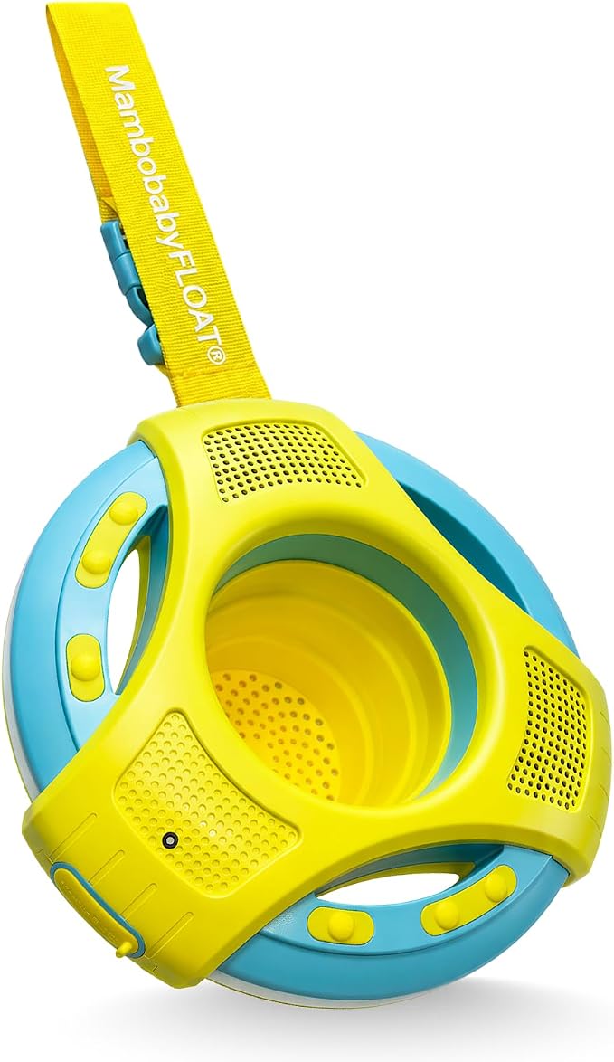 Mambobaby Floating Bluetooth Speaker with Collapsible Cup Holder, IPX7 Waterproof Shower Speaker with 360° Sound & LED Lights, Pool, with Versatile Hanging Strap, Great Gift for All Ages(Yellow Blue)