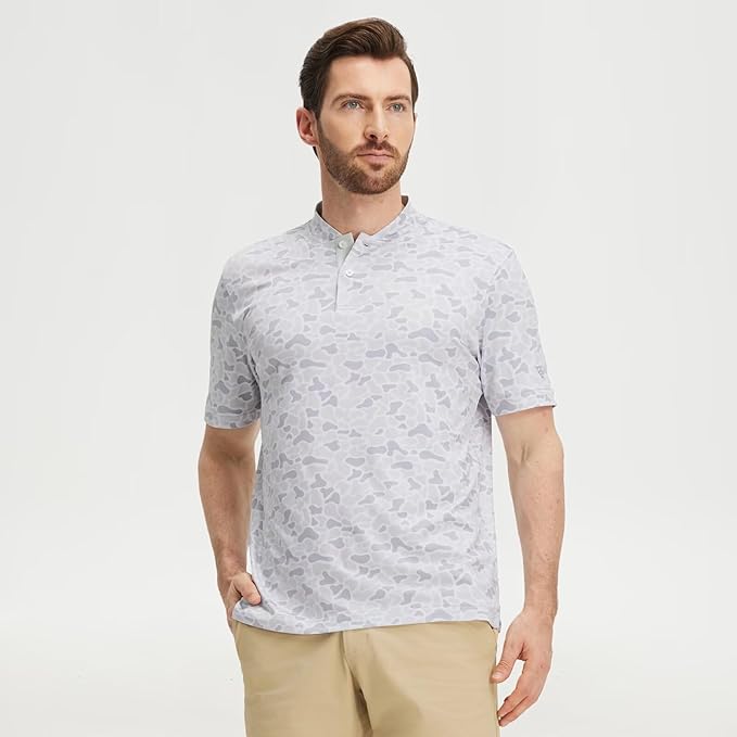 M MAELREG Golf Shirts for Men Collarless Performance Dry Fit Stretch Henley Casual Printed Mens Polo Shirts Short Sleeve