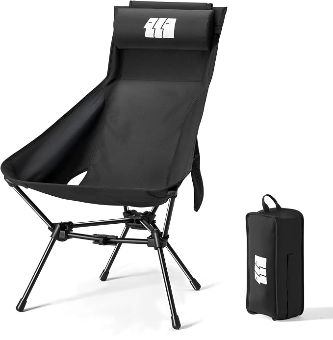 High Back Camping Chairs for Adults Heavy Duty, Portable Folding Camp Chair with Headrest & Side Pockets, Compact Backpacking Chair Supports 330 Lbs for Outdoor Travel Hiking Beach, Black