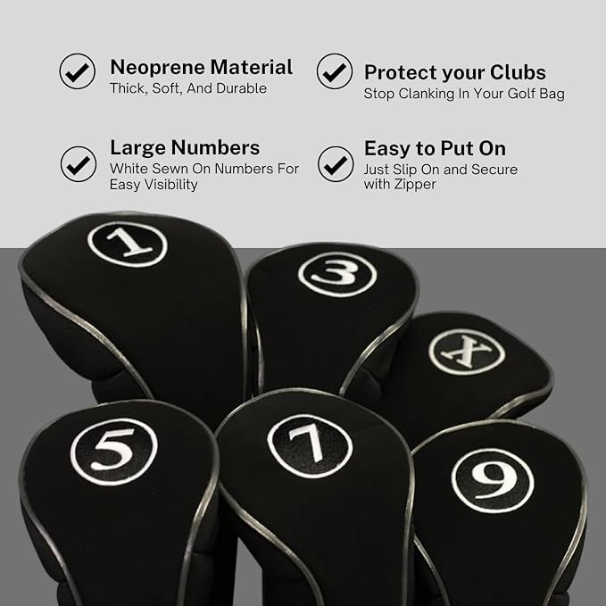 Black Golf Zipper Head Covers Driver 1 3 5 7 9 X Fairway Woods Headcovers Metal Neoprene Traditional Plain Protective Covers Fits All Fairway Clubs