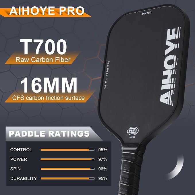 Aihoye PRO Pickleball Paddles- Raw T700 Carbon Fiber Textured Surface (CFS) with High Grit & Spin, Pickleball Paddles with 16MM Polypropylene Honeycomb Core, USAPA Approved