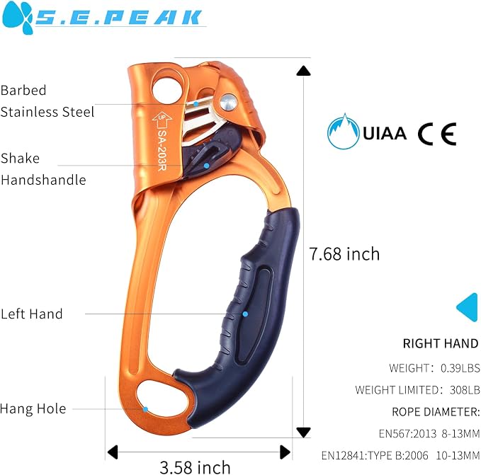 UIAA & CE Certified Climbing Rappelling Equip Hand Ascender Left Right Hand for 8-13mm Rope 4kN