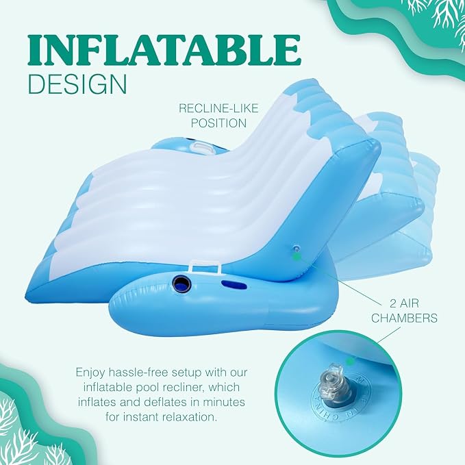 4E's Novelty Two Person Inflatable Pool Recliner Adult Pool Lounger Float with Cup Holder - Heavy Duty Lounger for Adults Floating Recliner Blow Up Floaties Water Floaty Lake Beach Tanning Float