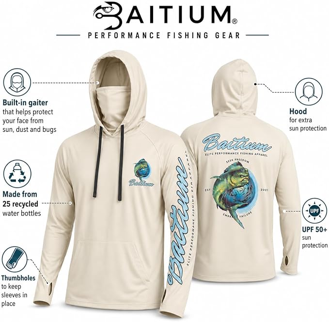 Fishing Shirts for Men,UPF50 Hooded Long Sleeve with Gaiter, Sun Protection Dry Fit Apparel, Face Mask, Fishing Clothes