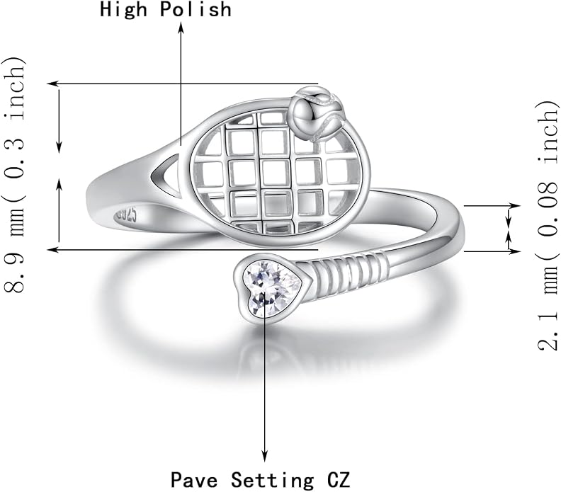 925 Sterling Silver Basketball Softball Baseball Football Tennis Racket Ring Adjustable Sports Jewelry Gifts for Women Player Mom