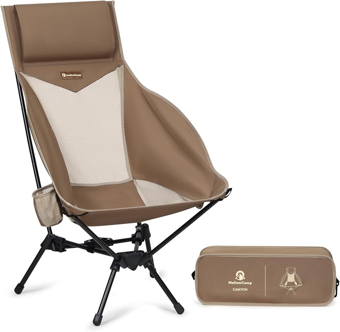 MellowCamp Folding High Back Camping Chair with Pillow, Portable Lightweight Chair Supports 374 lbs for Car Camping, RV, Tailgating, Beach, Fire Pit, Festival (Brown)