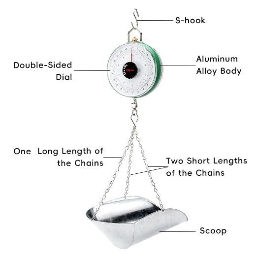 Tada 22LBS Double-Sided Dial Mechanical Hanging Scale with Scoop/Chain for Farm, Kitchen Food and Produce Weighing