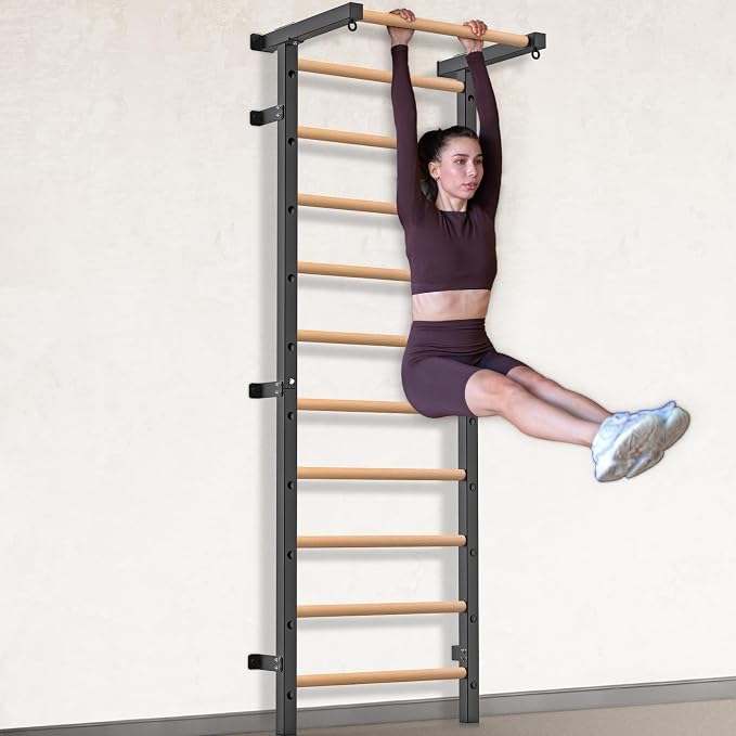Swedish Stall Bars 2"x2" with 1" Holes, Wall Mounted Wood Gym Ladder for Suspension Training, Home Gym, Calisthenics, Physical Therapy, School & Clinic