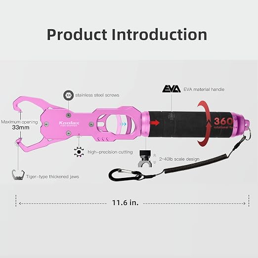 11.6" Fish Lip Gripper, Aluminum Alloy Fish Grabber with 40lb Scale, 360° Swivel Handle, Corrosion-Resistant for Saltwater & Freshwater (Pink)