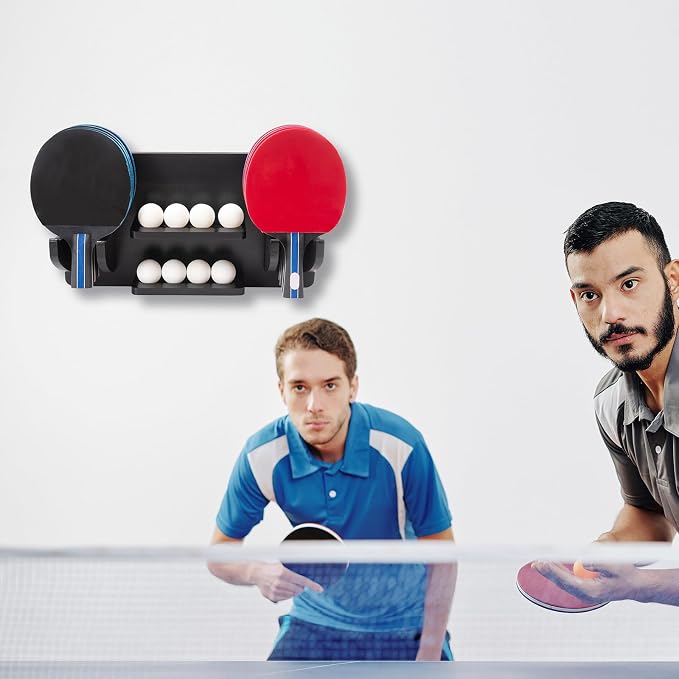 Ping Pong Paddle Storage Rack, Ping Pong Accessories Organizer Wall-Mount for 6 Paddles, 6 Pickleball Paddles and Balls, Pine Wood Table Tennis Racket Display for Game Room Bar Office Home