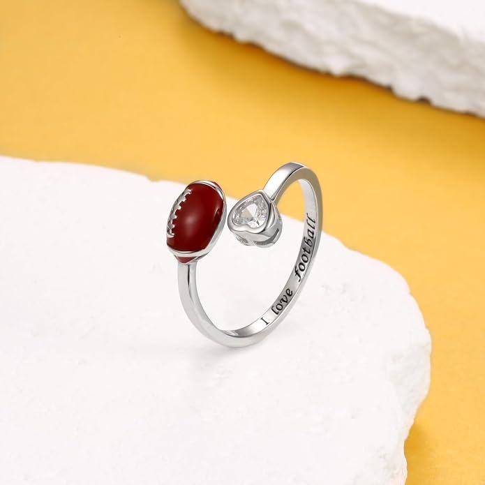 925 Sterling Silver Basketball Softball Baseball Football Tennis Racket Ring Adjustable Sports Jewelry Gifts for Women Player Mom