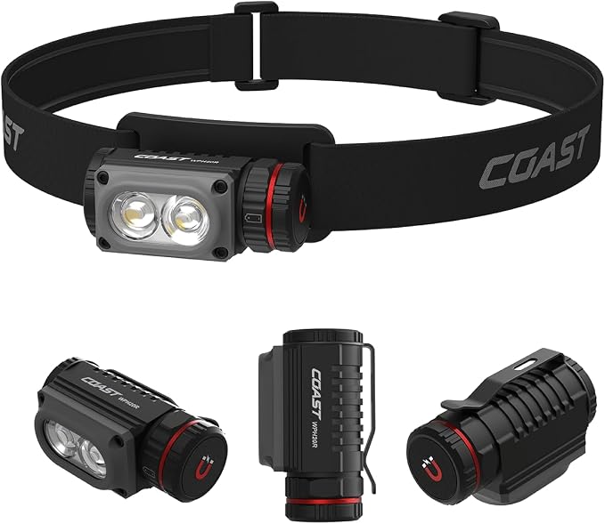 Coast WPH20R 2000 Lumen IP67 Waterproof USB-C Rechargeable+ Headlamp with SPOT and Flood Beams, Pocket and Hat Clip, 6 Lightmodes