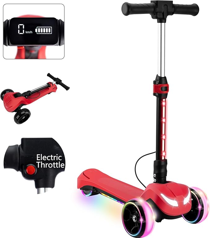 Electric Scooter for Kids w/150W Powerful Motor, Thumb Throttle, LCD Screen, Bluetooth, Light-Up Stem Deck & Wheels, 3 Adjustable Heights, 5MPH Safe Speed, 3 Wheel Electric Scooter for Kids