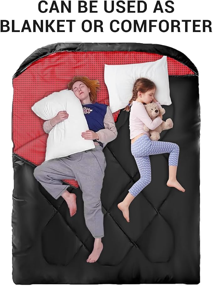 Double Sleeping Bag for Adults Camping,Bring Pillow, XL Queen Size Sleeping Bags for 2 Person Hiking Backpacking, Lightweight Waterproof with Compression Sack