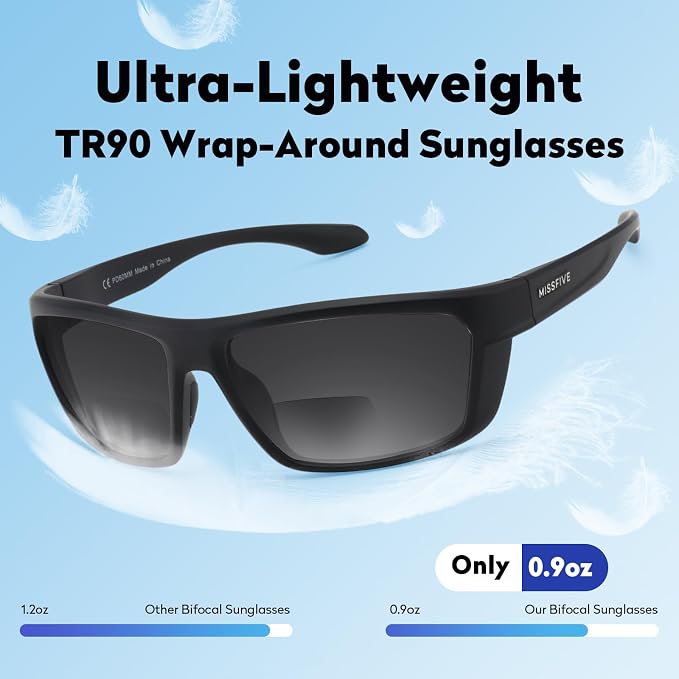 Missfive Premium Bifocal Reading Sunglasses Men Lightweight Wrap Around Design Sun Readers, UV Protection, TR90 Frame Sports/Outdoor/Driving, 3.0x