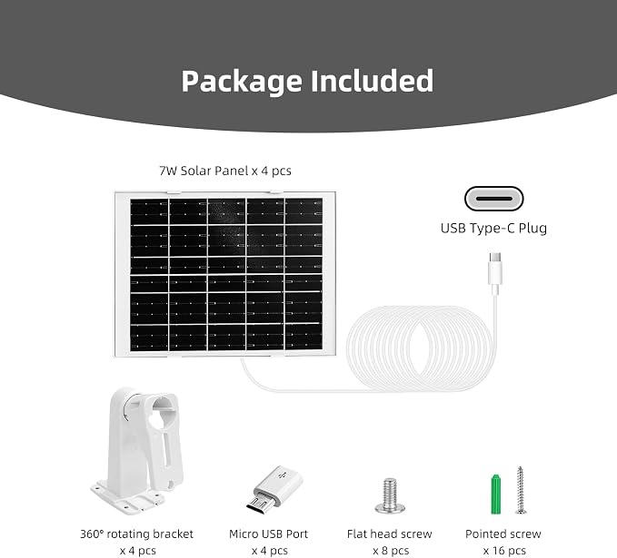 4 Pack 7W Camera Solar Panel Charger Compatible with eufyCam 3/S330, 3C/S300, S350/C220/C210, eufy SoloCam S220/S340/C210 Camera Solar Charger with 9.3FT Type-C Charging Cable Cord & Micro USB Port