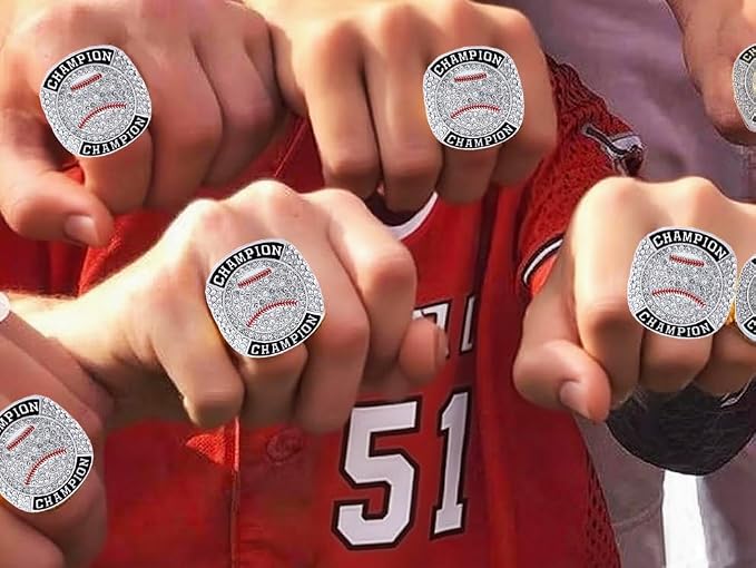 12 Pcs Baseball Ring Softball Baseball Championship Ring Sport Ball Trophy Award Gift with Display Neck Chain and Stand for Tournament or League Champion Winner