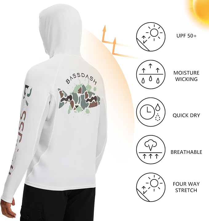 BASSDASH Men’s UPF 50+ Graphic Fishing Hoodie Shirts with Mask Pocket UV Long Sleeve Moisture Wicking FS47M