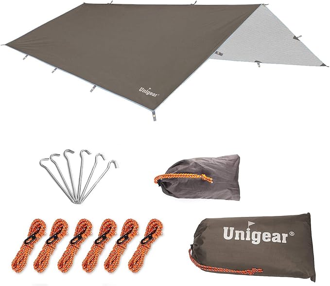 Unigear Hammock Rain Fly, 16.5/14.4/13.1/9.8ft Camping Tarp, UV Protection & Waterproof & Lightweight for Camping, Backpacking and Outdoor Adventure (Brown, 9.8 * 16.5ft)