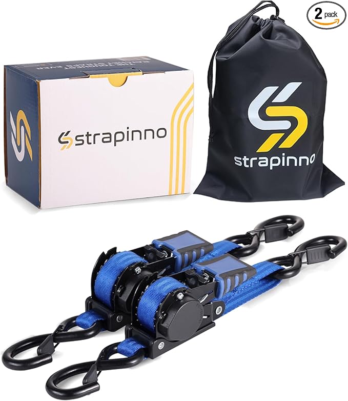Strapinno Retractable Ratchet Straps - 1 in x 4 ft Heavy Duty Adjustable Boat Transom Tie Down, 2PCS, 2400lbs Breaking Strength, Safety S Hooks, for Boat, Jetski, Seadoo, Waverunner, and PWCs (Blue)