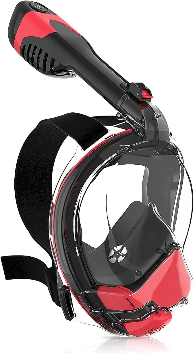 Yosmer Electric Full Face Snorkel Mask for Adults, Fan-Assisted Snorkeling Mask with Dry Top System, 180° Panoramic View, Anti-Fog Design, Foldable Travel Snorkel Gear