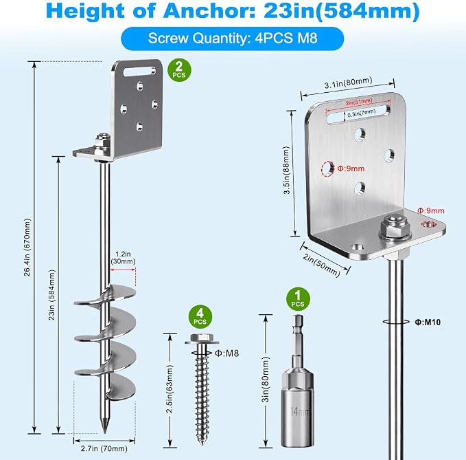 Insaga 18''/24''/30'' Ground Anchors Screw in Earth Anchor Solid Steel with L Bracket for Trampoline Mobile Home Swing Set Shed Carport Tent Stakes, Wider Helix Blade & Chrome Plated Finish, 2/4/6Pcs