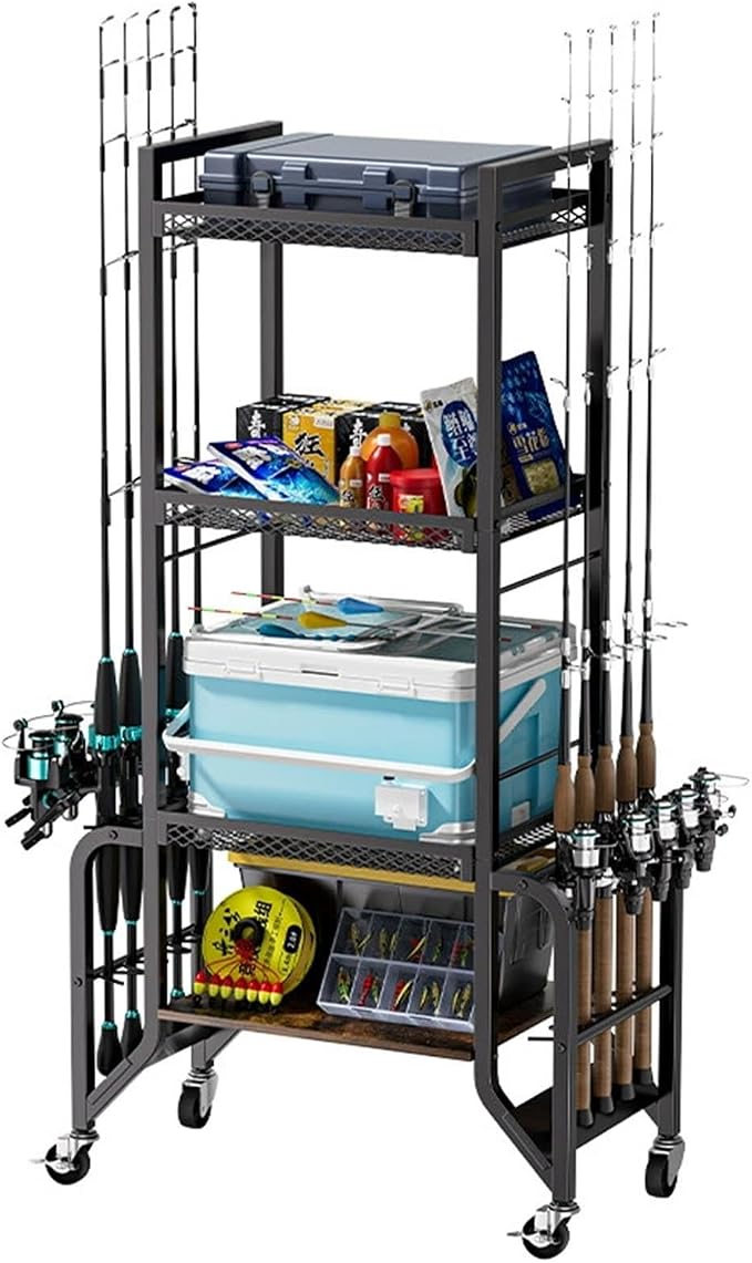 Cyfie 4-Tier Fishing Rod Rack – Mobile Heavy-Duty Fishing Rod Holder for Indoor & Outdoor Use, Organize Up to 10 Rods, Gear & Tackle, Garage, Pool Room Storage