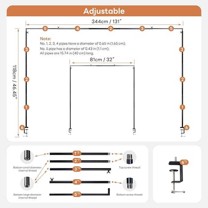 XLHOMO Over The Table Rod Stand with Clamps, Adjustable 32''-79'' Tall 32"-131" Length, Black Table Arch Stand Metal Balloon Frame Hanging Rod for Weddings Birthdays Party Garden Arbors Decoration