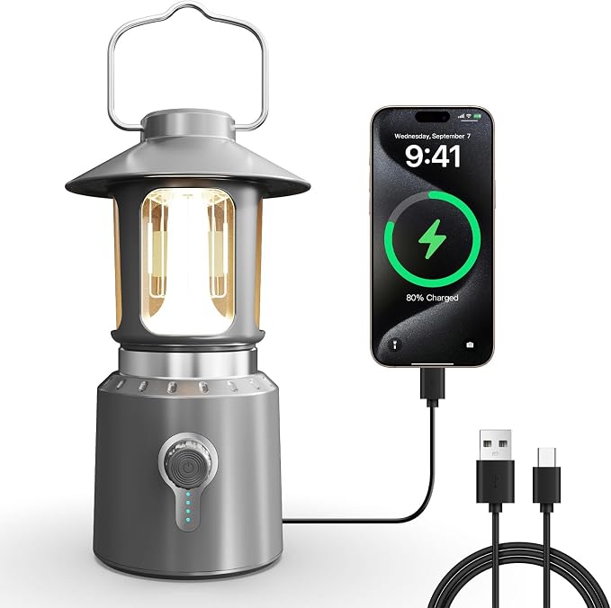 LED Camping Lantern, 8000mAh Telescopic Vintage Rechargeable Lantern, Dual Light Source & 3 Light Modes (2000K-6500K), 360° Lighting Emergency Lights for Camping, Home Power Outage, Hurricane, Hiking