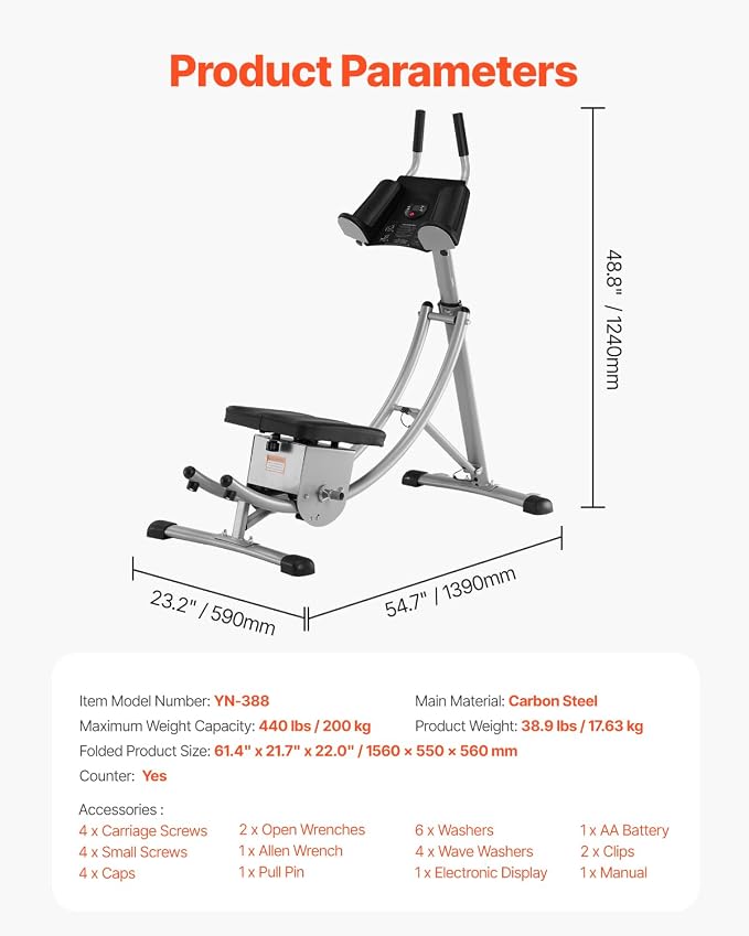 VEVOR AB Workout Machine, Ab Workout Equipment at Home Gym, Core & Abdominal Trainers for Women, 440 lbs Weight Capacity Strength Training Ab Cruncher, Foldable Adjustable Fitness Exerciser
