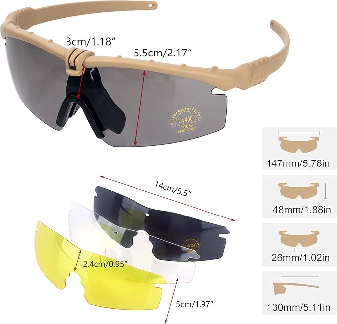 Tactical Eyewear Anti Fog UV400 Protection Glasses (Khaki and Green Frame, 2 Sets)