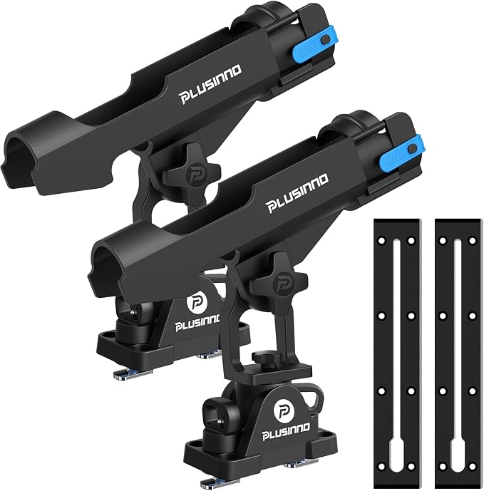 PLUSINNO Kayak Fishing Rod Holder with Tracks, 2 in 1 Fishing Rod Holders for Boat, Kayak Accessories, Fishing Pole Holders for Track Mount / Deck Mount with Fishing Rod Protective Strap, Kayak Rail
