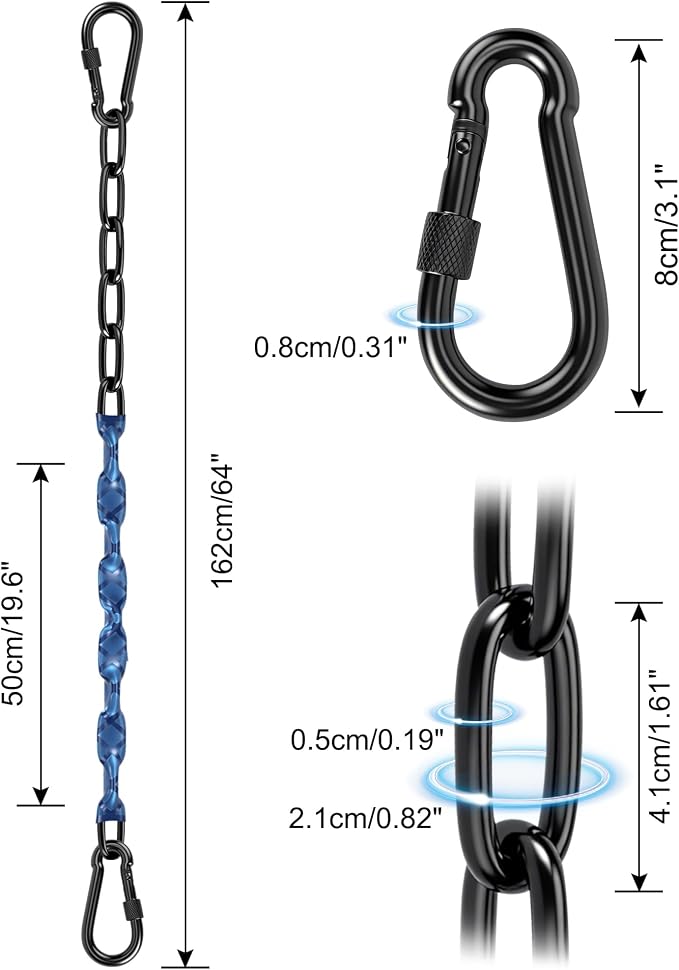 Stainless Steel Link Chain 64inch 304 Permanent Rust Chain 2 Pack with 4 Spring Snap Hooks, 1000LB Load Bearing Metal Chain Heavy Duty Safety Chain for Swing, Yoga, Hammock, sandbag Suspension