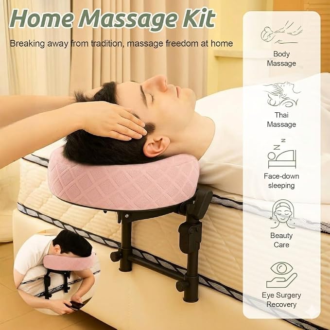 Massage Headrest for Bed, Adjustable Massage Face Cradle at Home, Portable Massage Table Kit for Sleeping Mattress, Face Down Pillow After Eye Surgery (Pink, with Armrest Shelf & Breast Pillow)