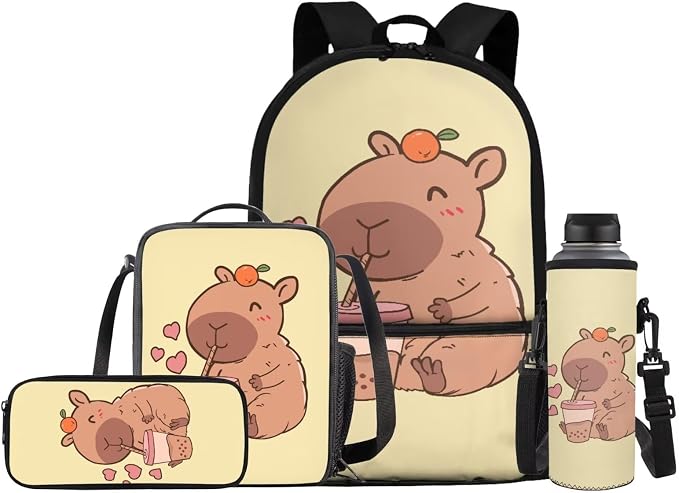 Capybara Backpack for School Kids Bookbag with Lunch Box Set Gilrs School Bag with Lunch Bag Pencil Case Water Bottle Holder 4 PCS Back to School Accessories