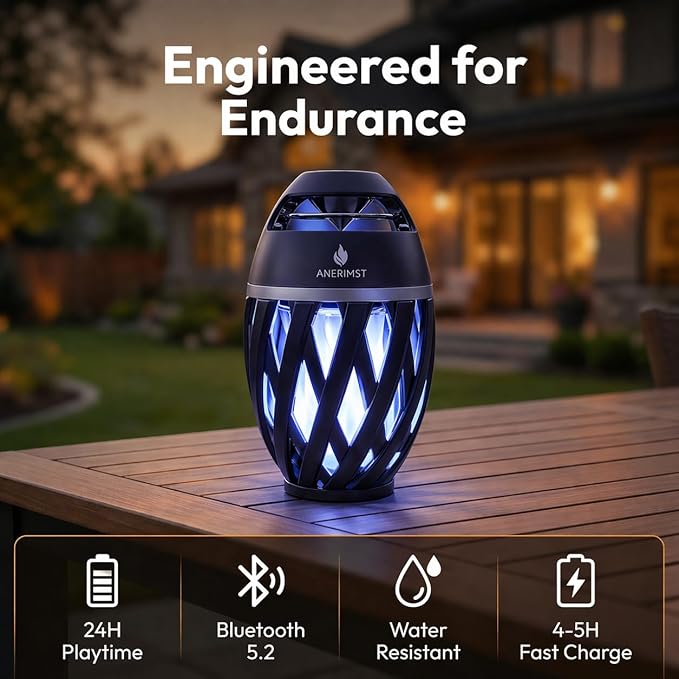 ANERIMST for Dad, Outdoor Bluetooth Speakers with LED Torch Light – Wireless & Waterproof Speaker for Garden, Patio, 360° Sound, 24-Hour Playtime for Men (Blue Light)