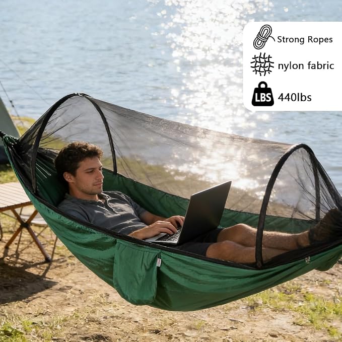 Camping Hammock with Mosquito Net - Double & Single Portable Hammocks with 2 Tree Straps, Lightweight Hammock Tent for Outdoor Camping, Hiking, Backpacking, Beach & Backyard (Dark Green)