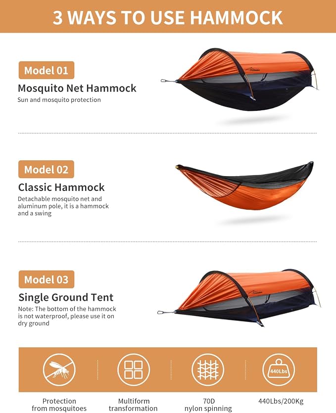 Camping Hammock Tent with Heavy Duty Carabiner Clips, Lightweight Hanging Hammocks Tree Straps, Bivvy Ground Tent for Outside, Hiking, and Travel